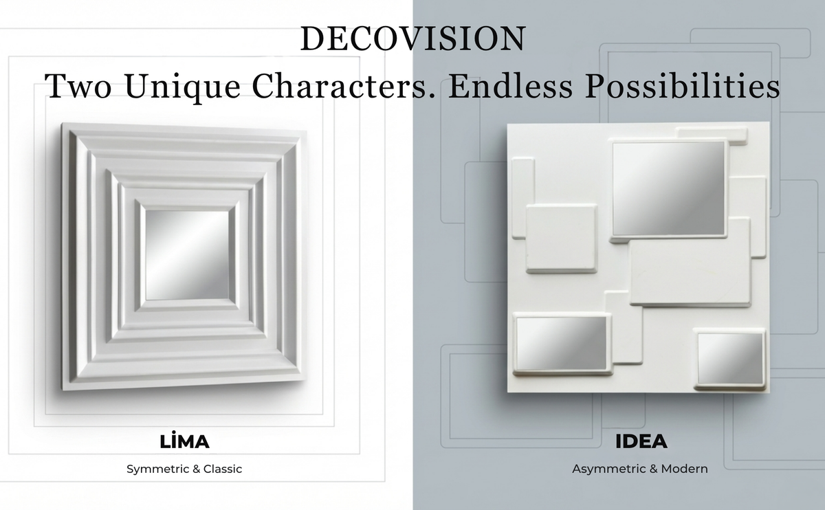 DECOVISION 3D mirrored wall panels installed on a feature wall in a modern living room