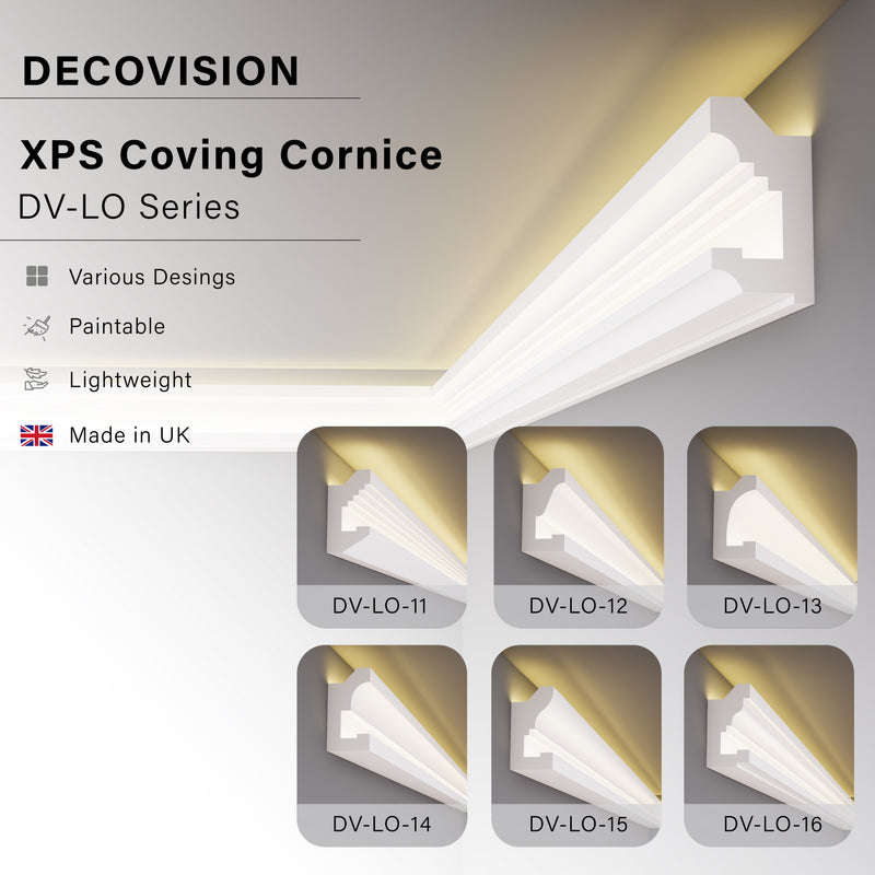 LED Cornice Coving for Ceilings, XPS Extruded Polystyrene Moulding DV-LO Series