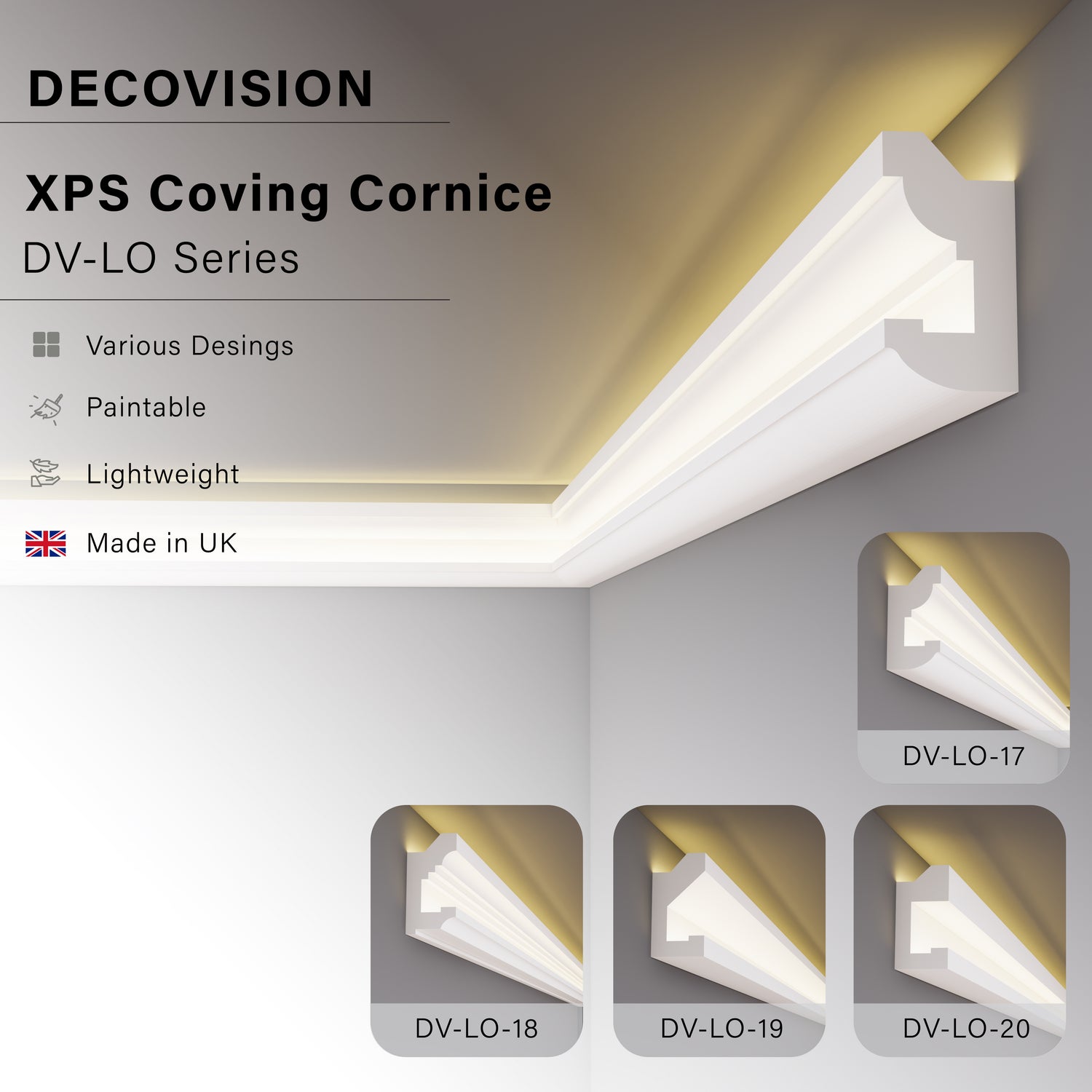 LED Cornice Coving for Ceilings, XPS Extruded Polystyrene Moulding DV-LO Series