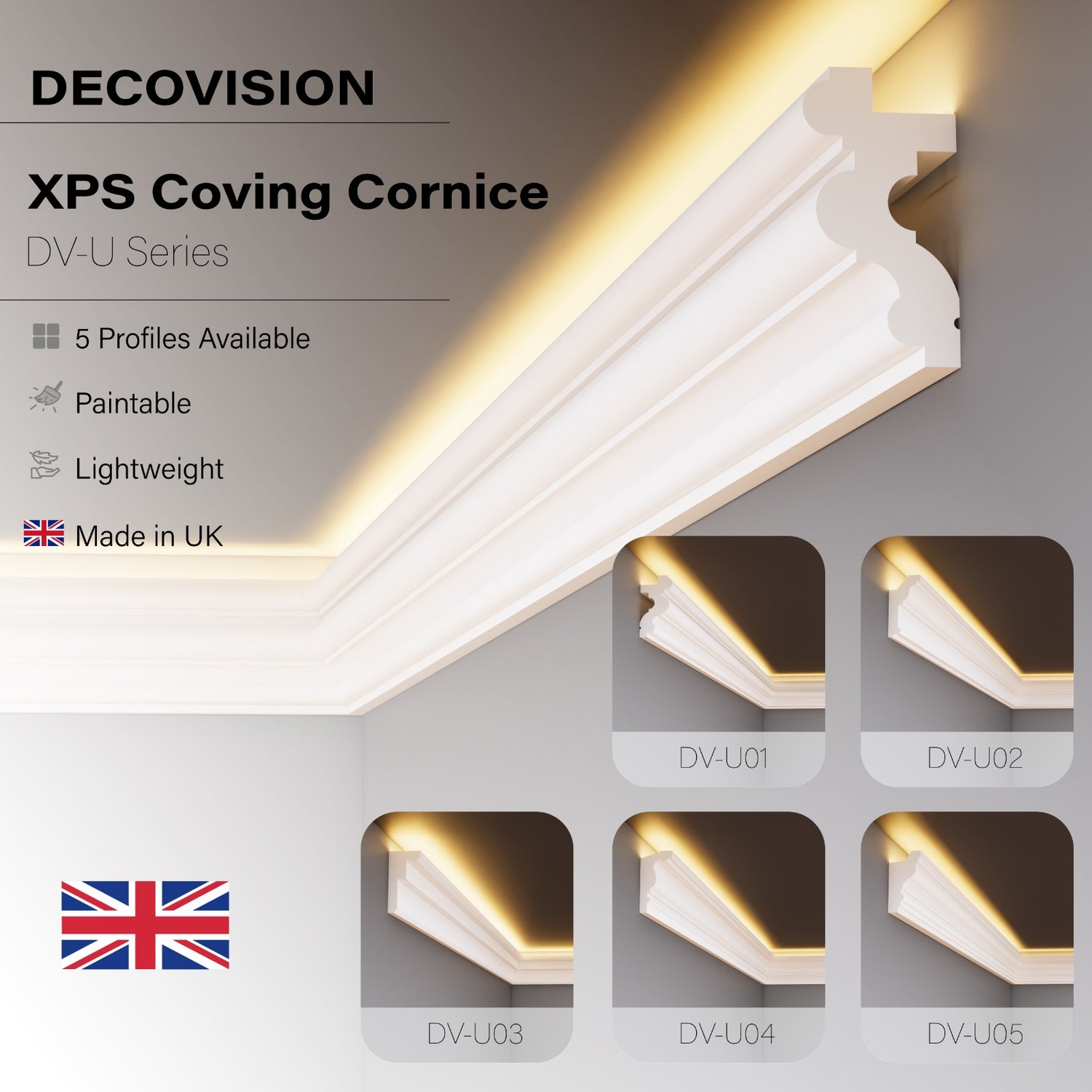 Decovision Xps Extruded Polystyrene Led Coving Cornice Molding Trim DV-U0 Series