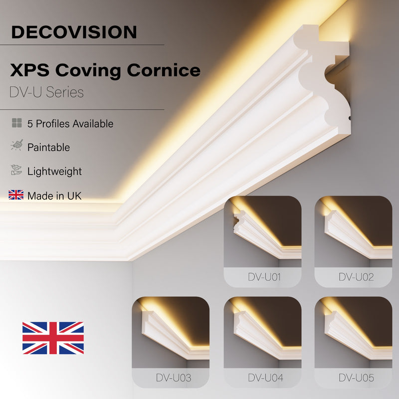LED cornice coving for ceilings, XPS extruded polystyrene, DV-U0 Series overview