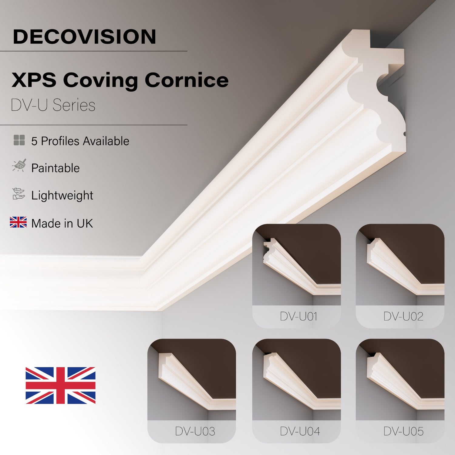 Decovision Xps Extruded Polystyrene Led Coving Cornice Molding Trim DV-U0 Series