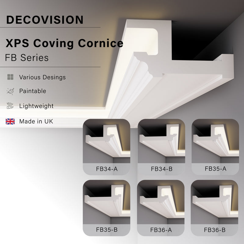 LED Cornice Coving for Ceilings, XPS Extruded Polystyrene Moulding FB Series