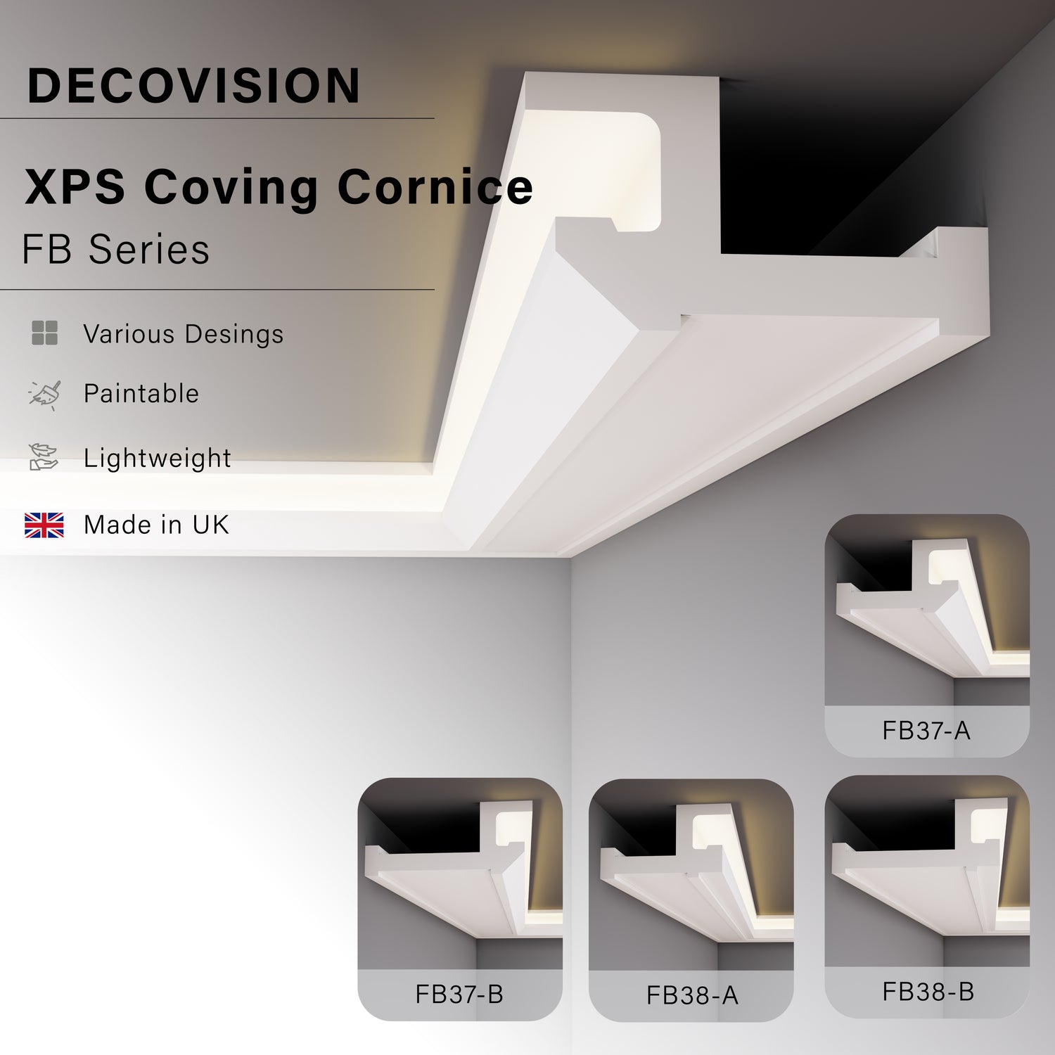 Decovision Xps Extruded Polystyrene Led Coving Cornice Molding Trim FB Series