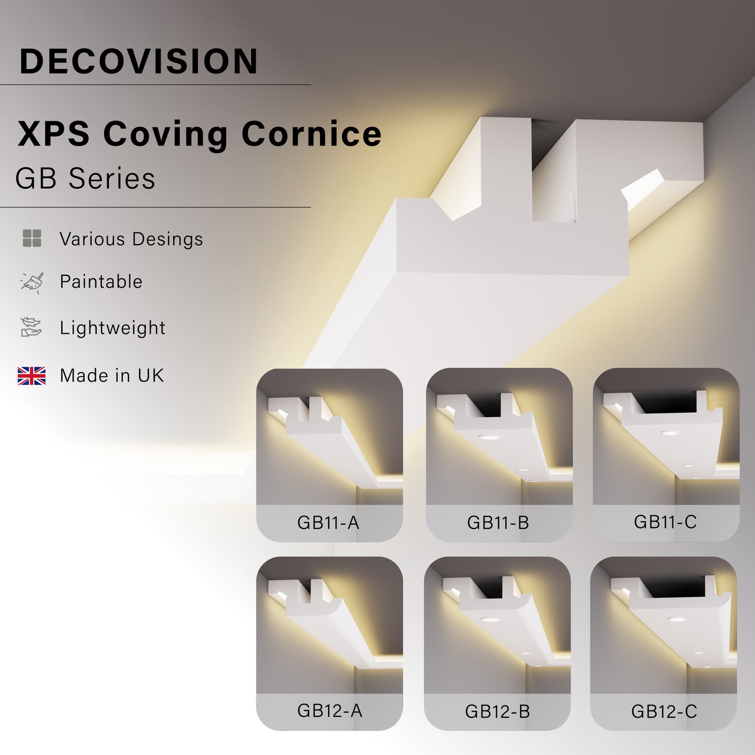 Decovision Xps Extruded Polystyrene Led Coving Cornice Molding Trim GB Series