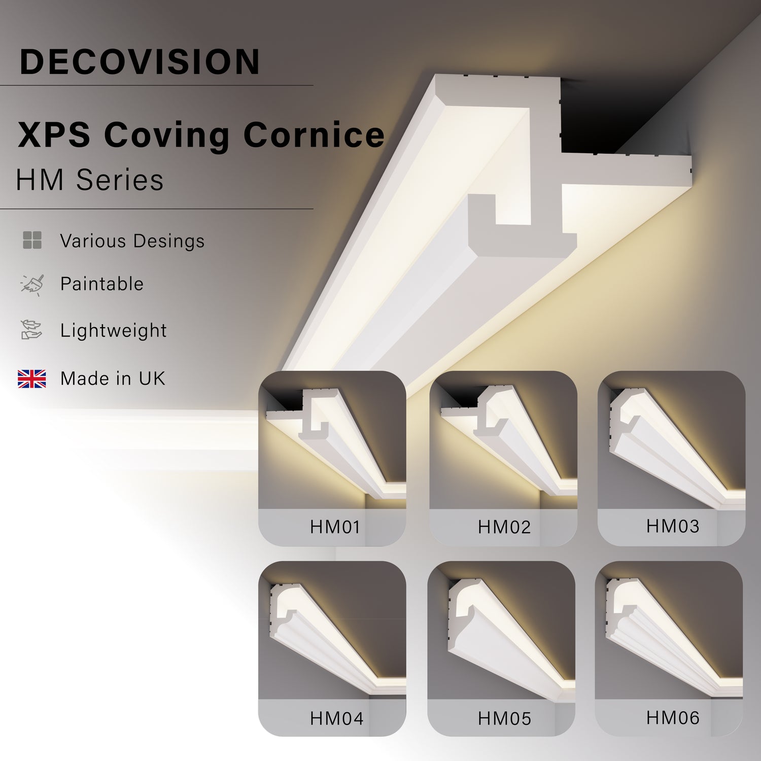 Decovision Xps Extruded Polystyrene Led Coving Cornice Molding Trim HM Series