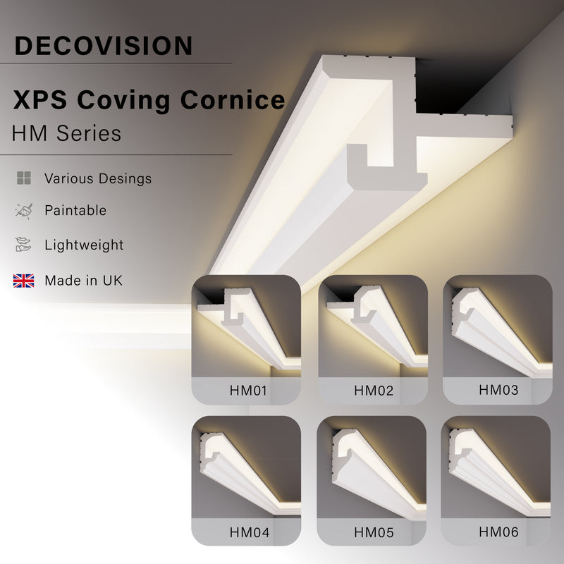LED cornice coving for ceilings, XPS extruded polystyrene, HM Series overview