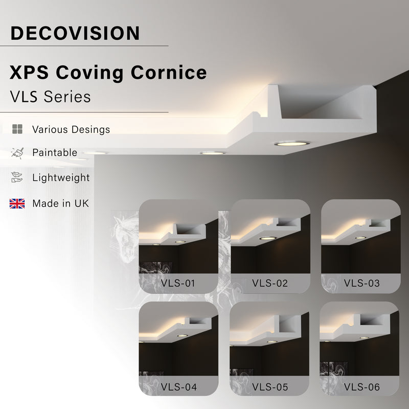 LED Cornice Coving for Ceilings, XPS Extruded Polystyrene Moulding VLS Series