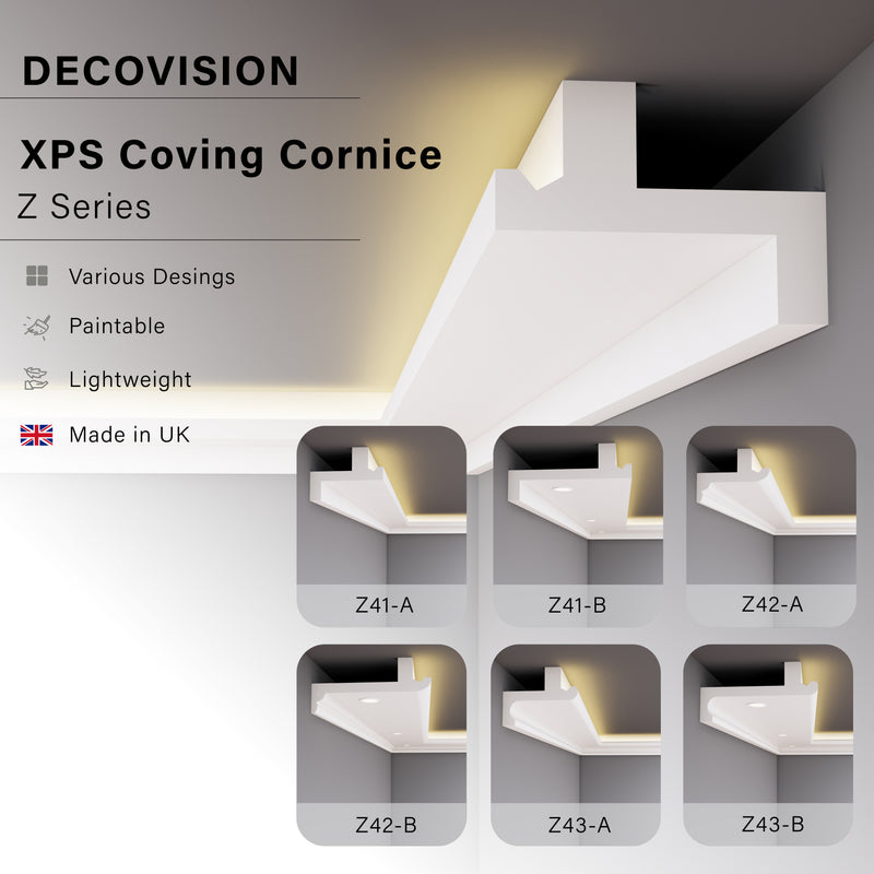 LED Cornice Coving for Ceilings, XPS Extruded Polystyrene Moulding Z Series