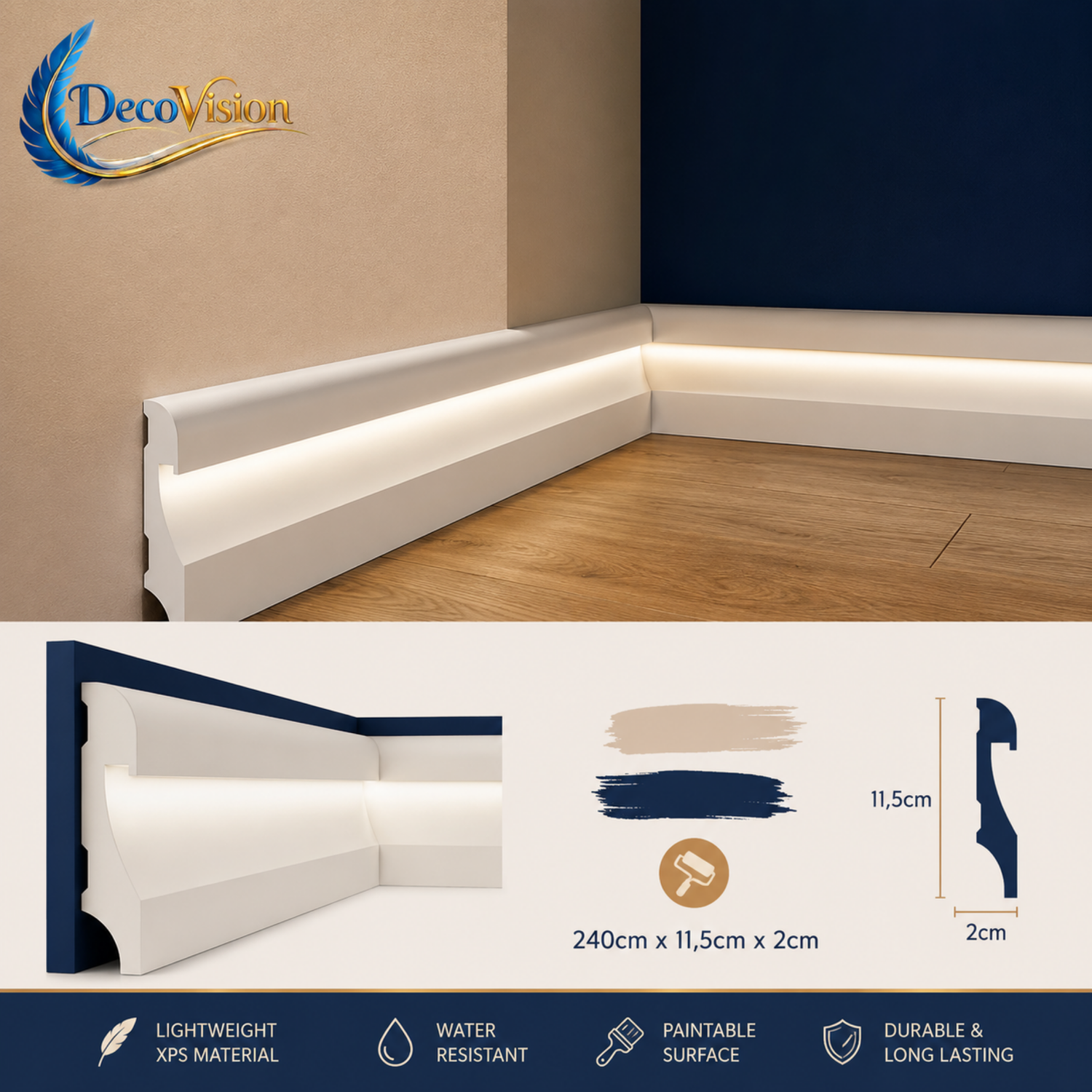 Polyurethane Skirting Board 120-240cm, Paintable, LED Option