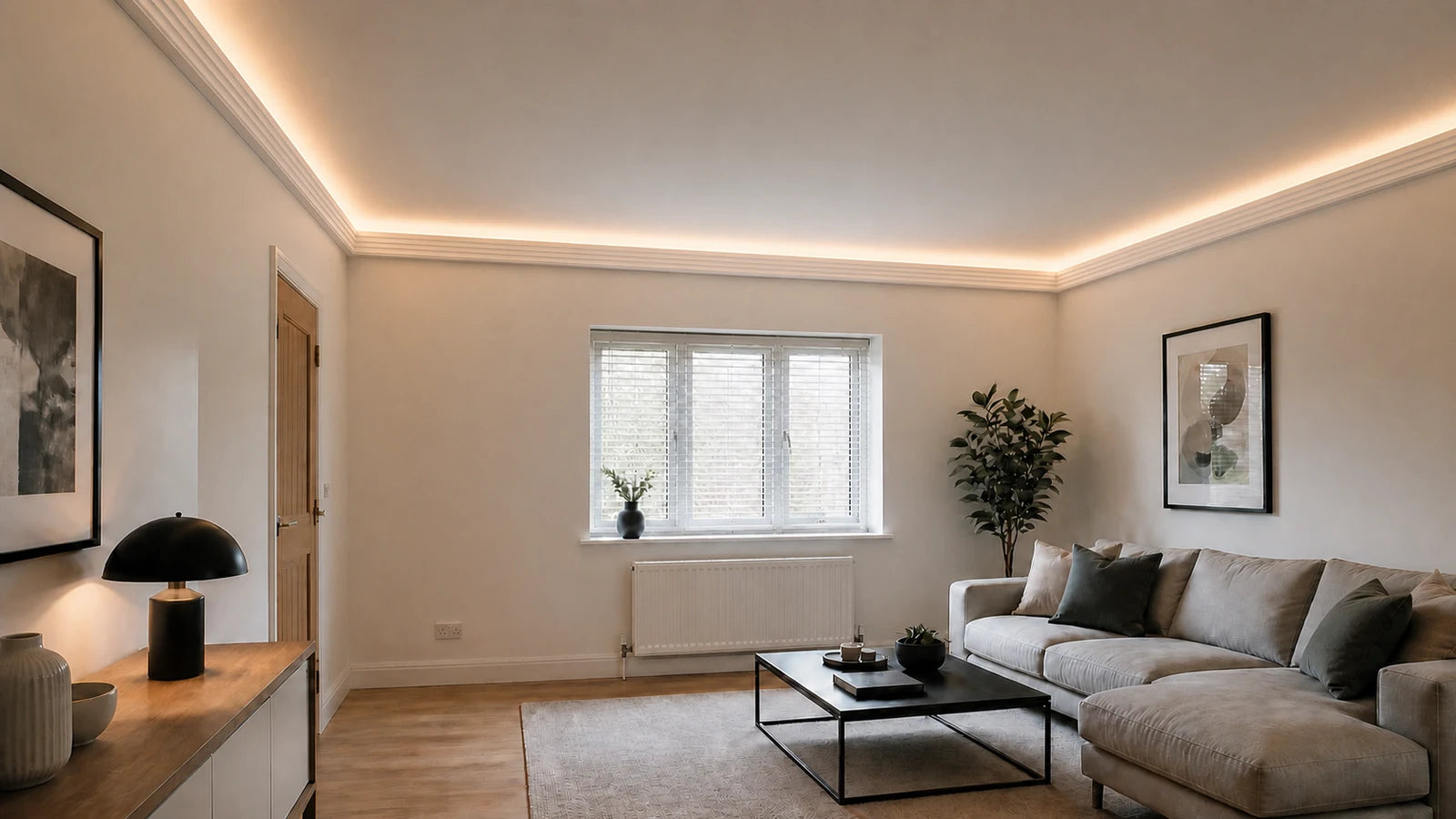 Living room after installing Decovision DV-LO11 100 by 50 millimetre LED coving