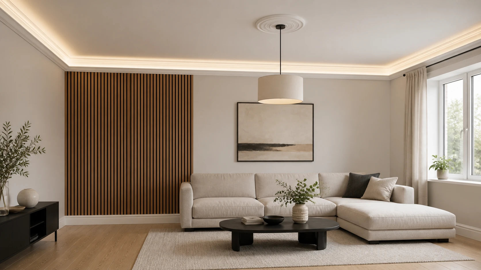 Living room after installing coordinated Decovision acoustic panels, LED coving, ceiling rose and skirting